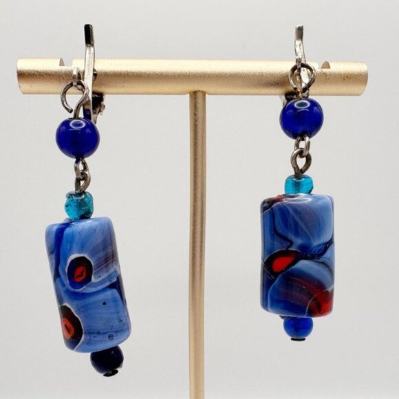 Vintage Jewelry - Vintage Venetian Murano Glass Bead Blue Dangle Earrings Clip On